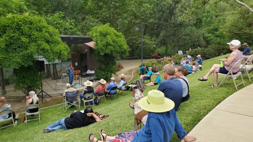 People sit on a grass hill, facing towards a speaker with a microphone on stage. 